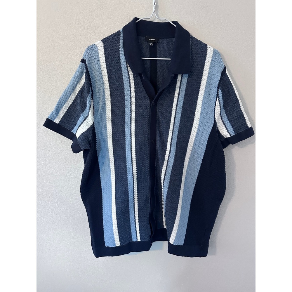 Express Mens Knit Button Down Shirt XL Blue Striped Short Sleeve 100% Cotton